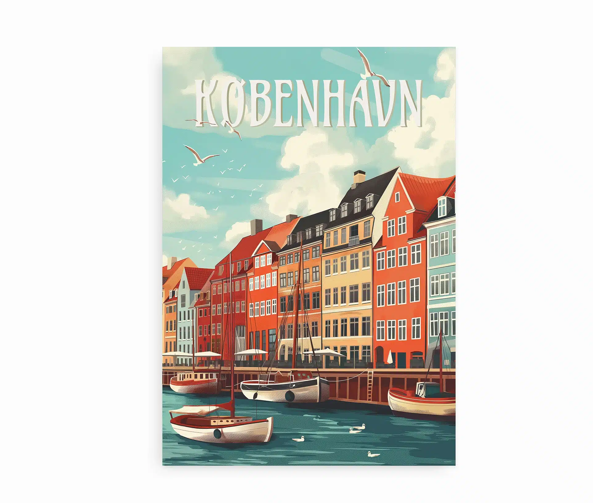 Plakat med farverige huse og både i Nyhavn, København