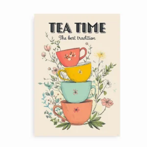Vintage plakat med stablede tekopper og blomsterillustration