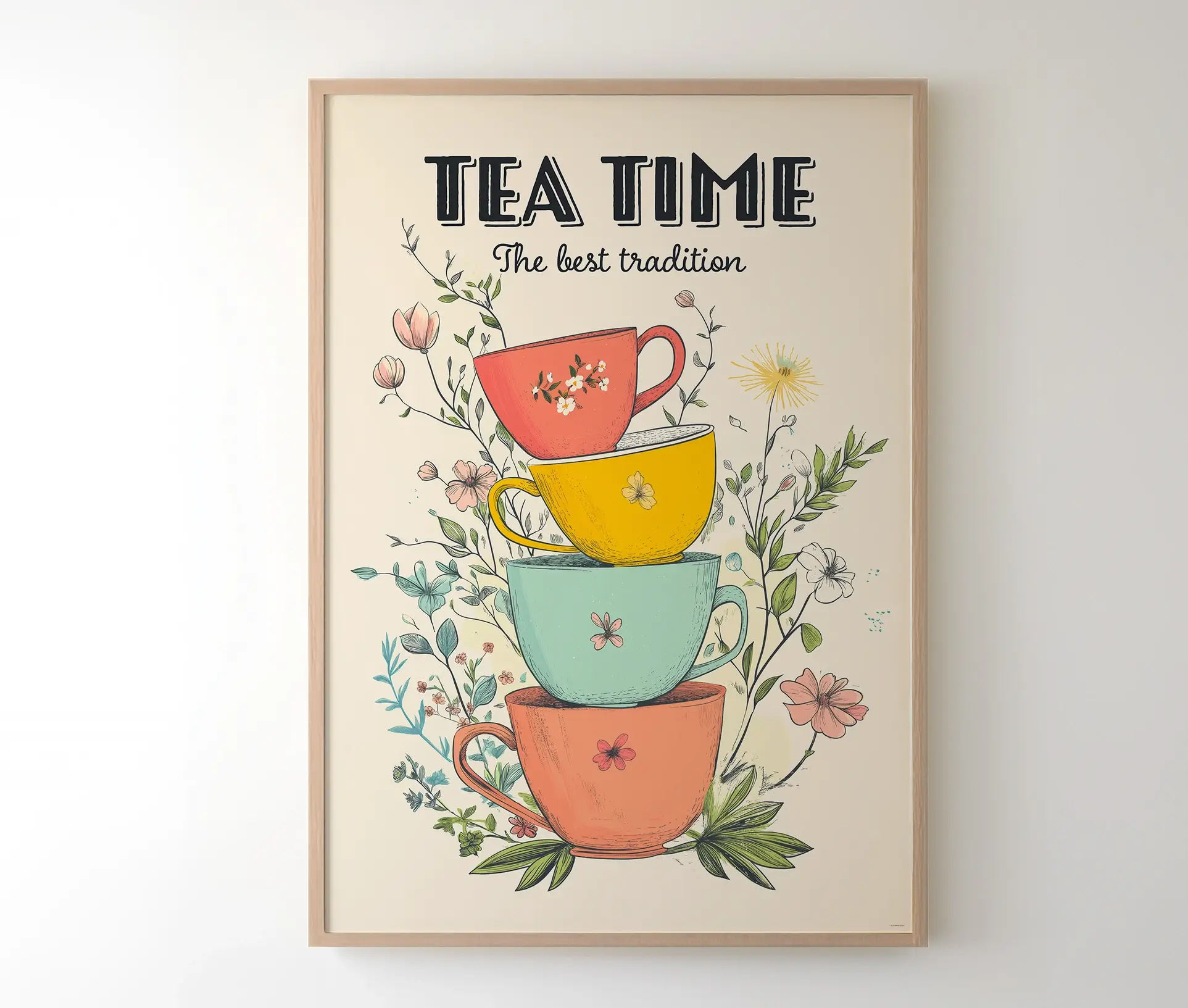 Plakat med tekopper og blomster i lys træramme