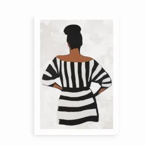 Fritlagt plakat med kvinde i sort og hvid stribet kjole