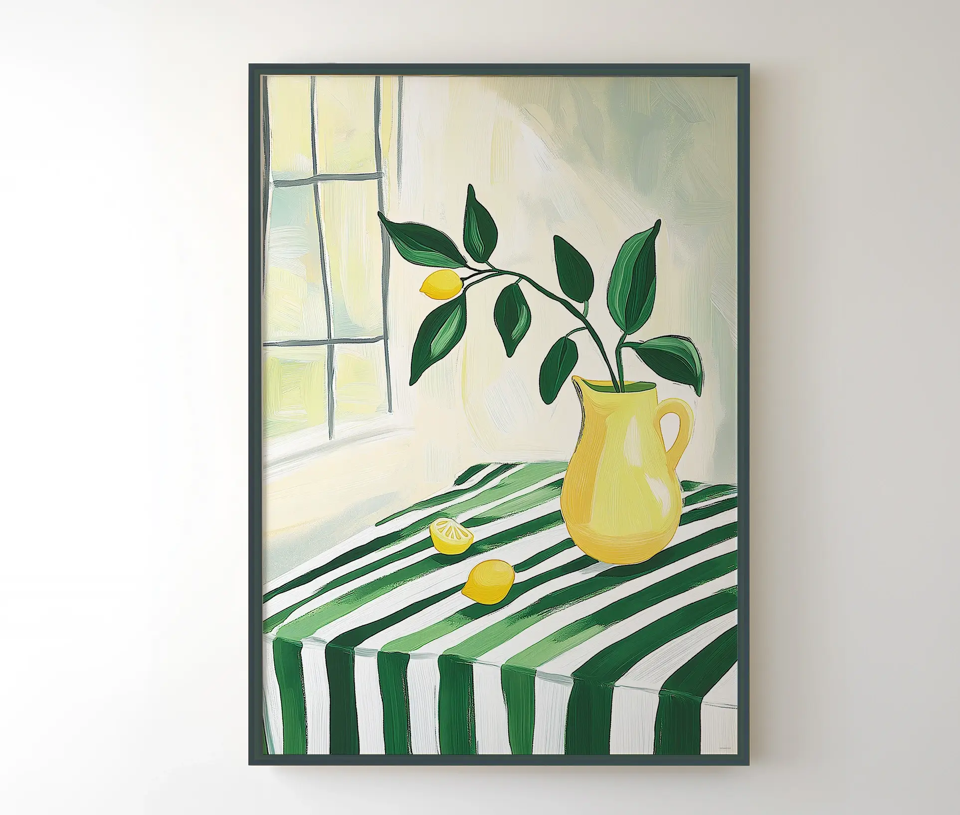 Indrammet plakat med citroner og gul kande i grøn ramme