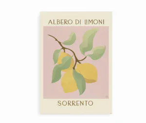 Plakat med citronmotiv og teksten "Albero di Limoni – Sorrento" mod hvid baggrund.