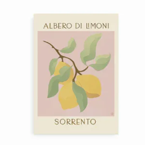 Plakat med citronmotiv og teksten "Albero di Limoni – Sorrento" mod hvid baggrund.
