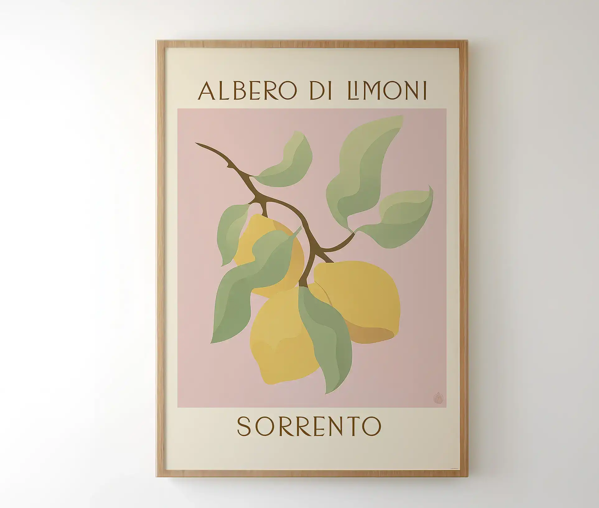 Plakat med citronillustration og teksten "Albero di Limoni – Sorrento" i træramme.