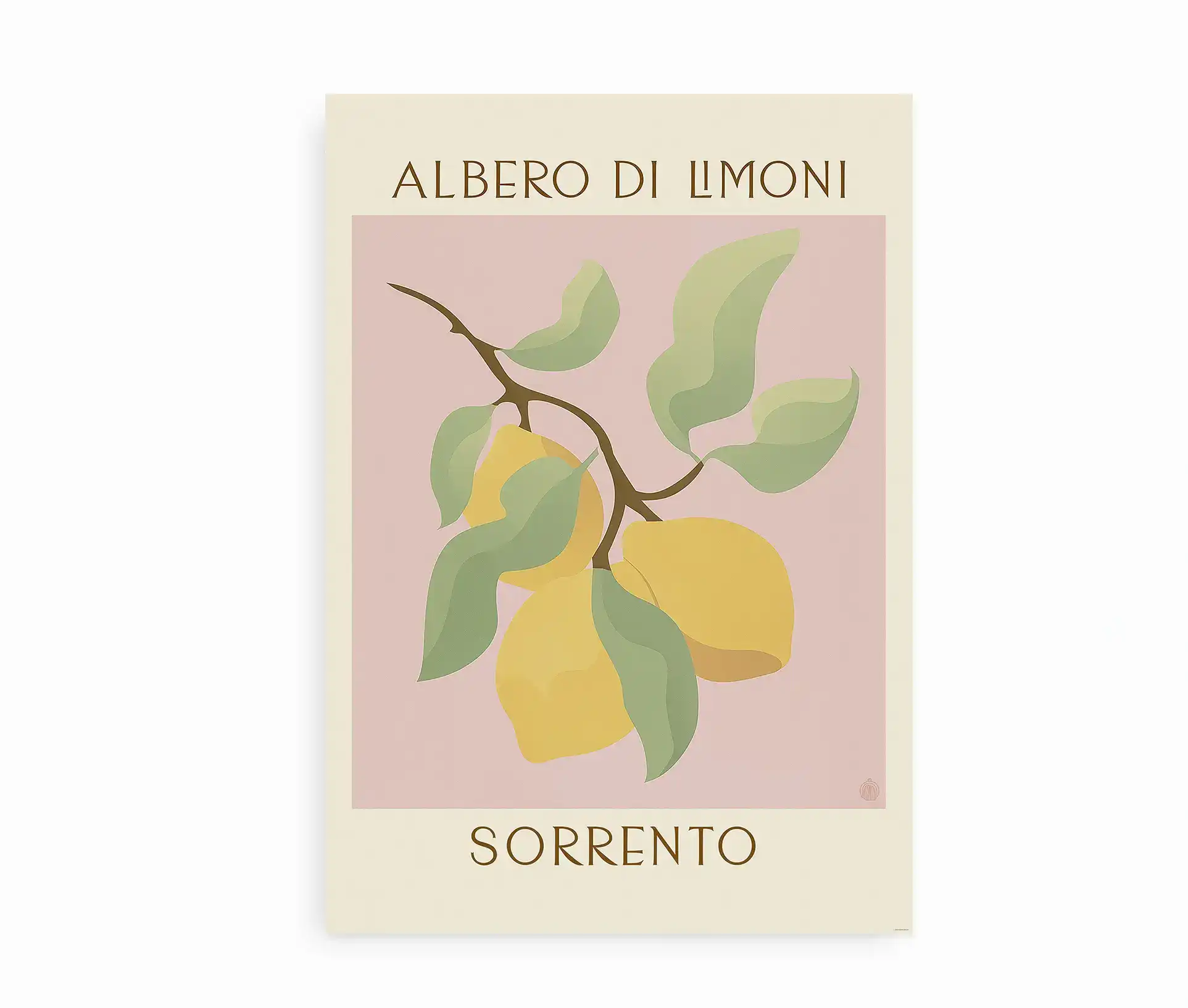 Plakat med citronmotiv og teksten "Albero di Limoni – Sorrento" mod hvid baggrund.