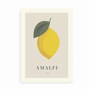 Plakat med stiliseret gul citron og teksten Amalfi Italy på beige baggrund