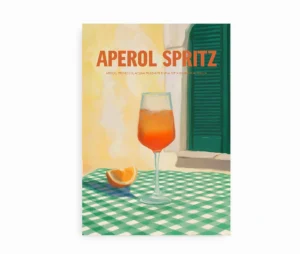 Plakat med illustration af Aperol Spritz på bord med grønternet dug og appelsinbåd.
