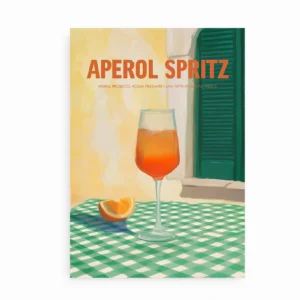 Plakat med illustration af Aperol Spritz på bord med grønternet dug og appelsinbåd.