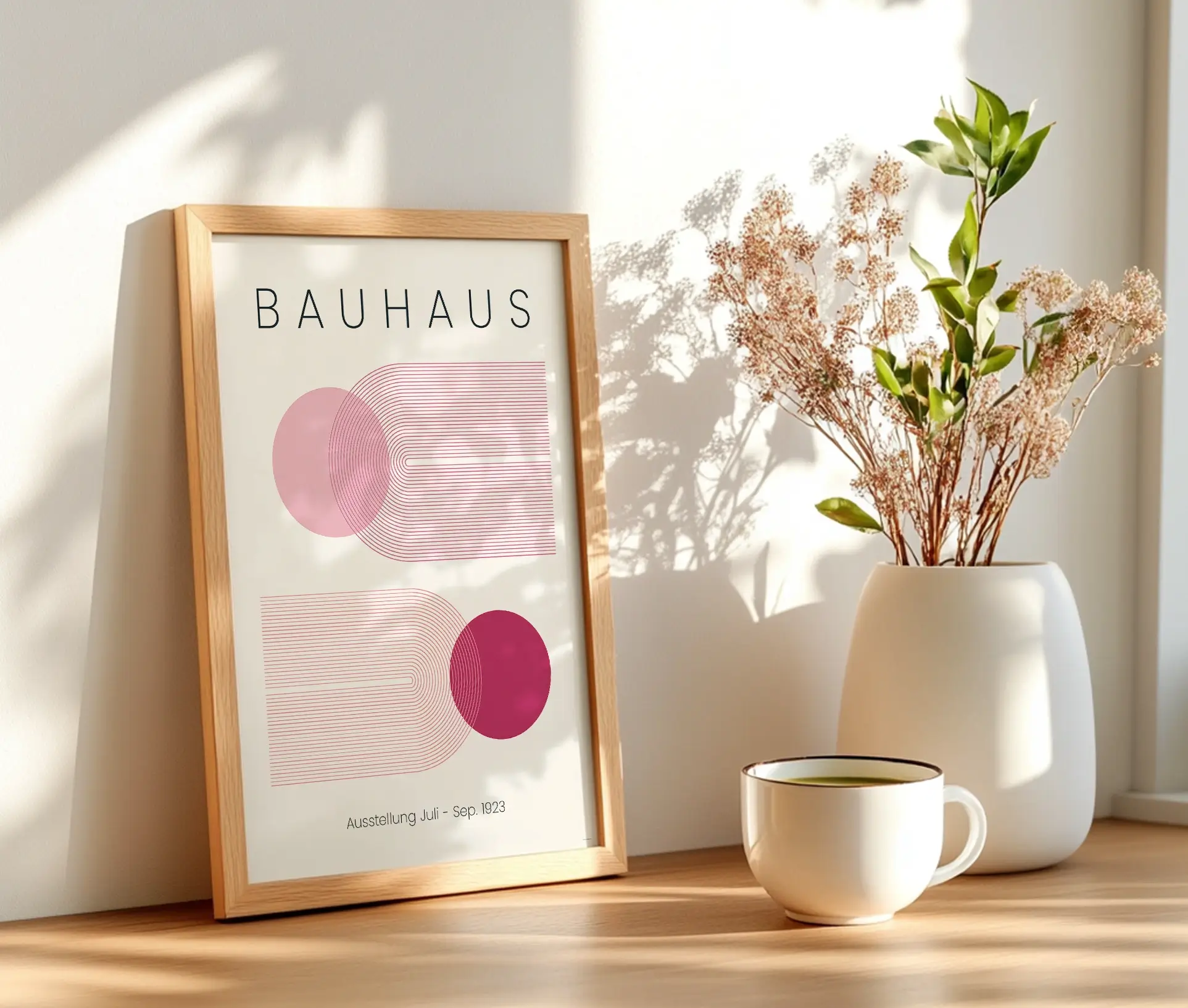 Bauhaus plakat med rød-rosa design placeret på bord i dagslys.