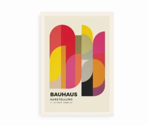 Grafisk Bauhaus-plakat med geometriske former og tekst "Bauhaus Ausstellung"