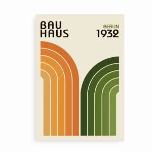Plakat med grafiske former i orange og grøn samt teksten "Bauhaus Berlin 1932"