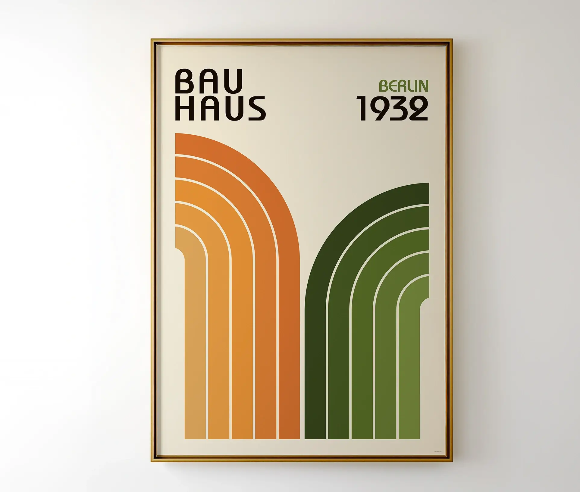 Plakat med teksten "Bauhaus Berlin 1932" og geometriske former i orange og grøn