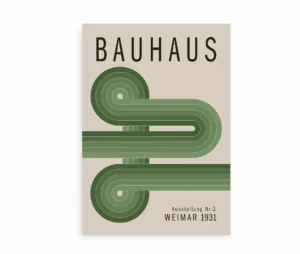 Plakat med Bauhaus-inspireret grøn grafik og teksten "Weimar 1931"