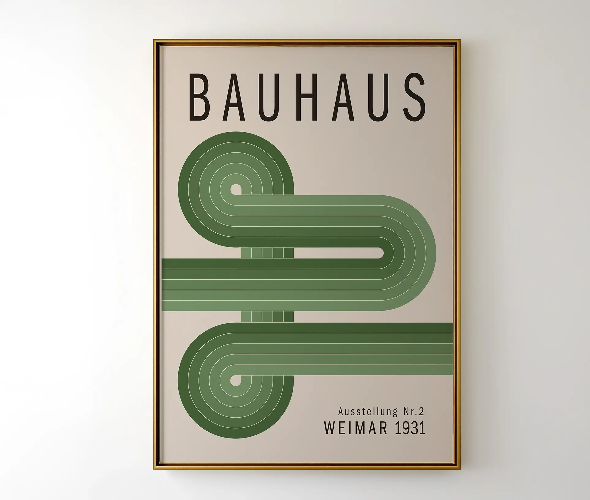 Plakat med grøn Bauhaus-grafik og typografien "Weimar 1931", vist indrammet