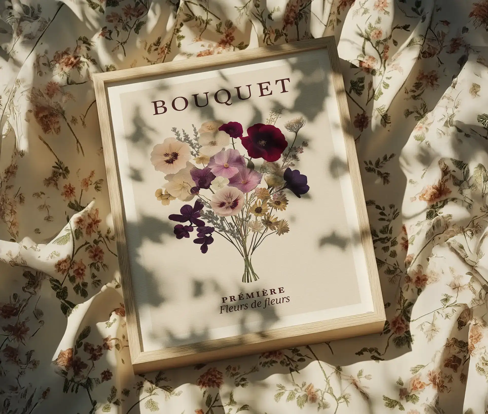 Plakat med blomsterbuket og teksten "Fleurs de fleurs" placeret på blomstret sengetæppe.