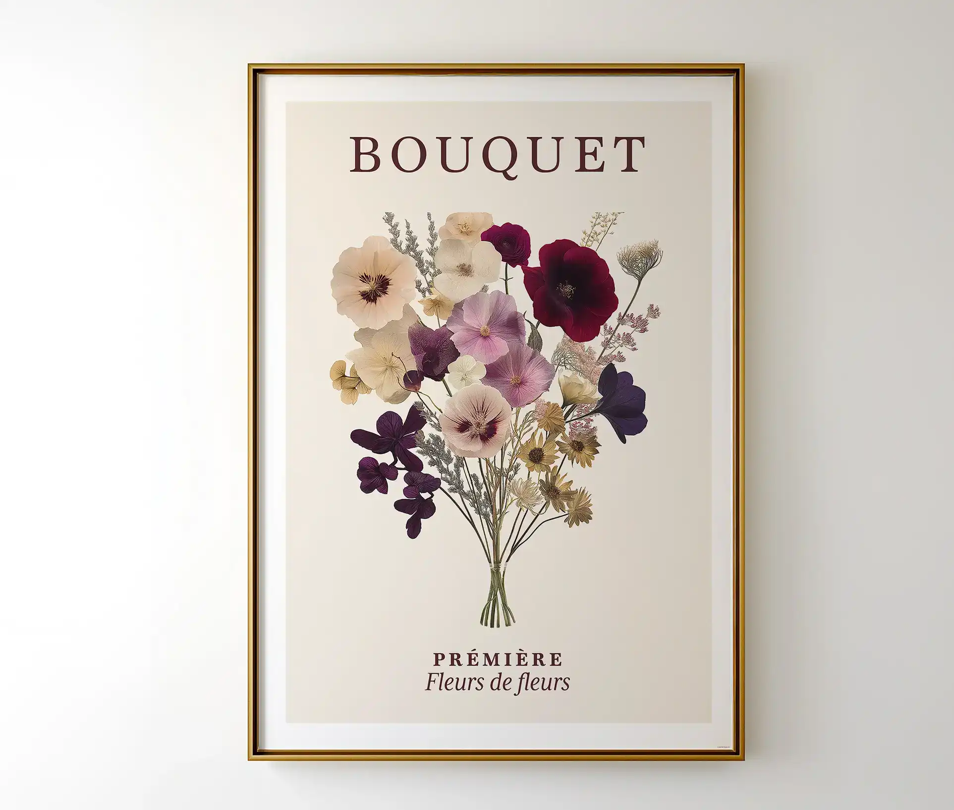 Plakat med blomsterillustration og fransk tekst i ramme.