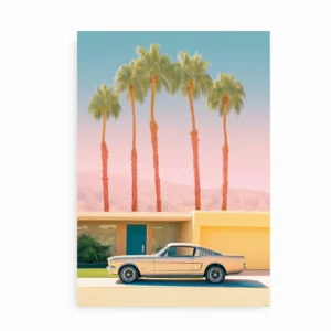 Indrammet plakat med retrobil og palmer i ørkenlandskab