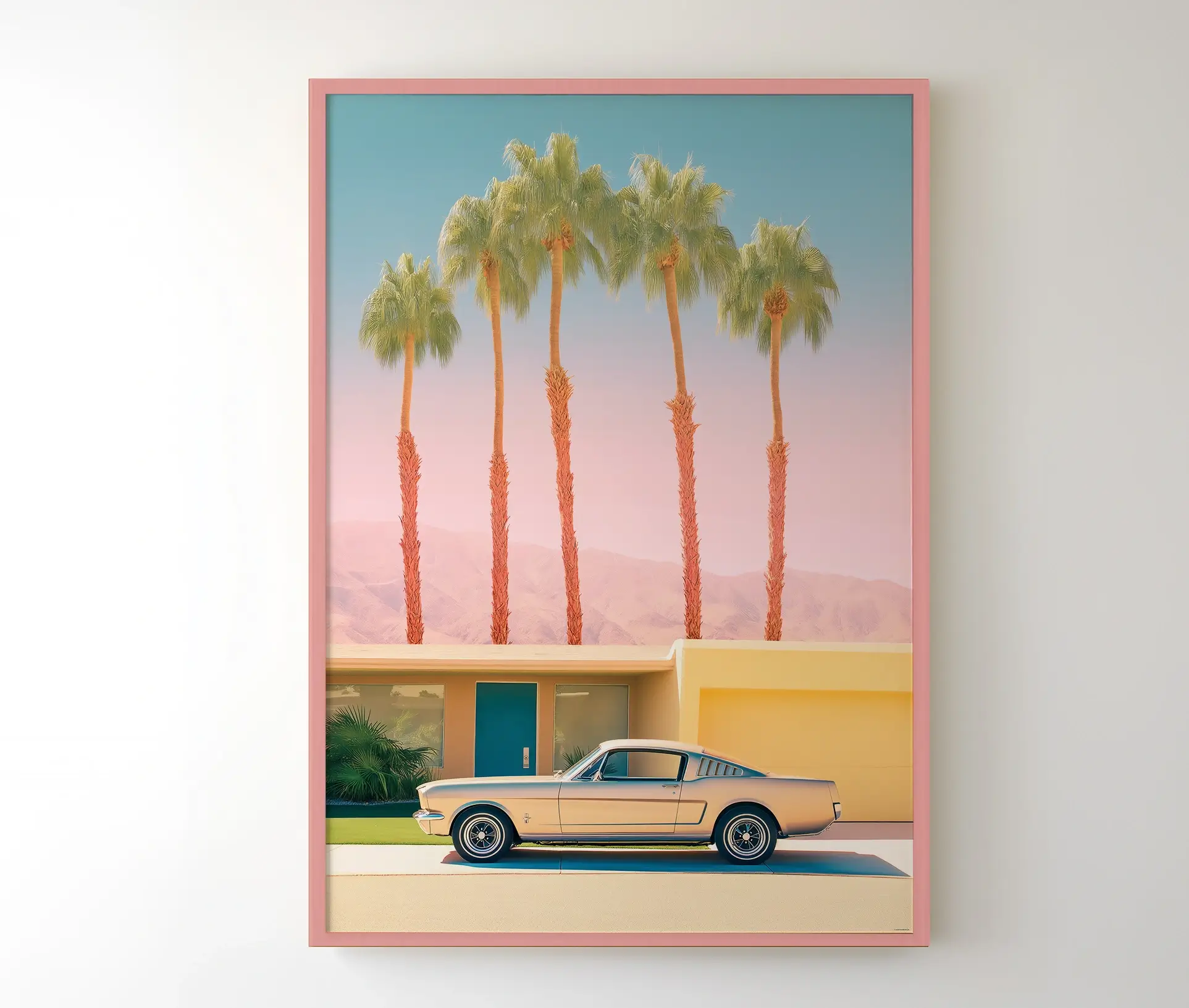 Plakat med retrobil og palmer i lyserød ramme