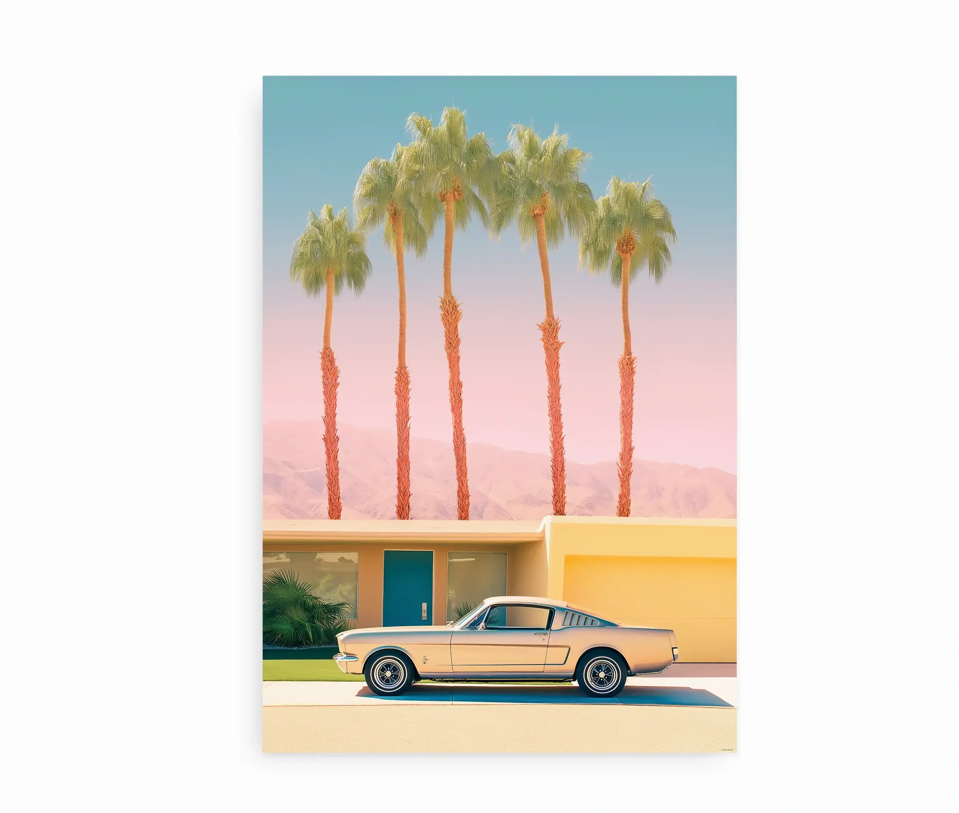 Indrammet plakat med retrobil og palmer i ørkenlandskab