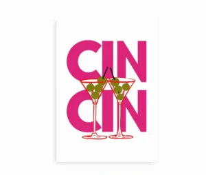 Plakat med teksten "Cin Cin" og to martiniglas fyldt med grønne oliven