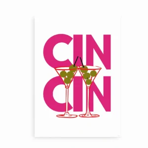 Plakat med teksten "Cin Cin" og to martiniglas fyldt med grønne oliven