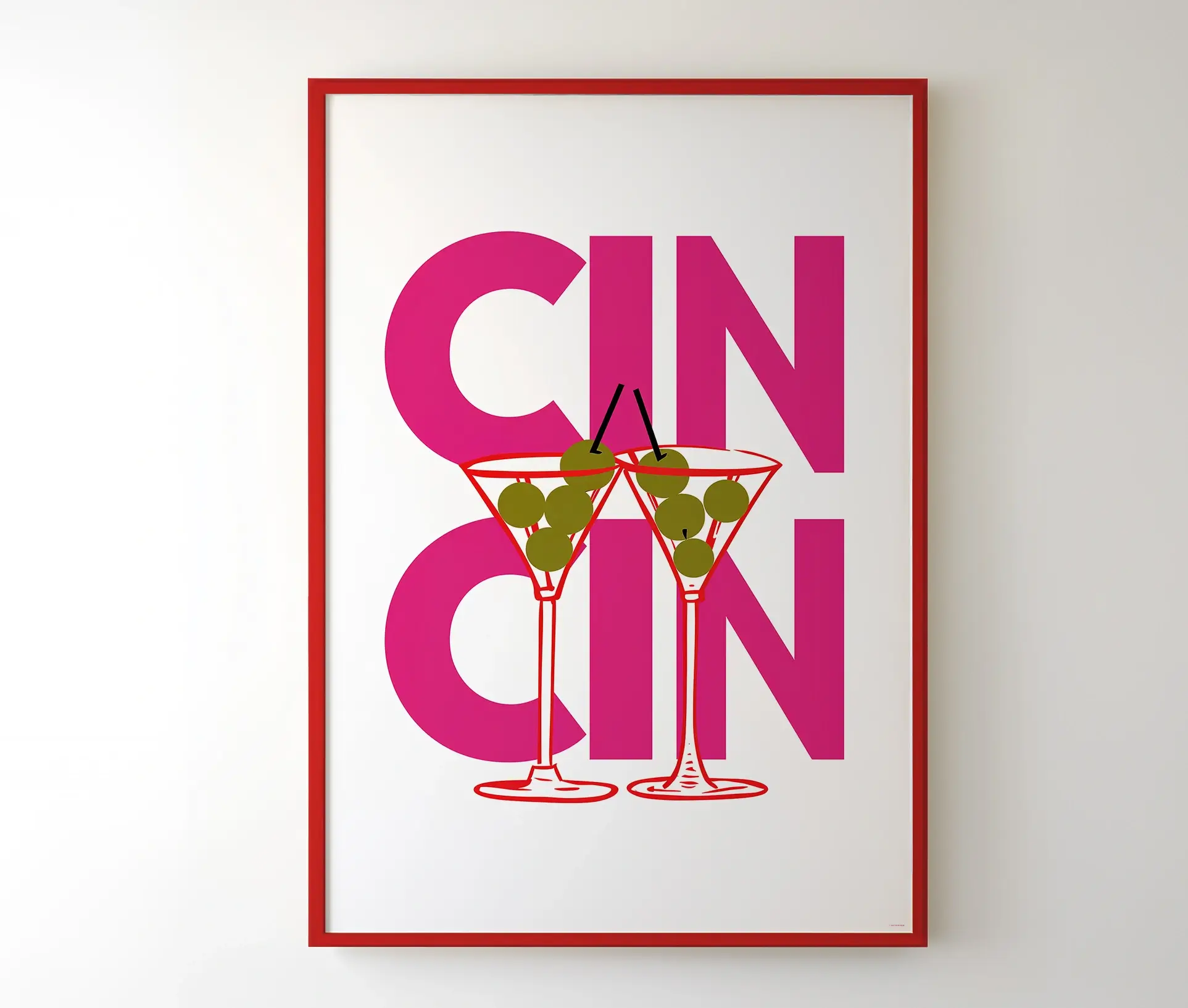 "Cin Cin"-plakat med martiniglas og pink typografi i rød ramme