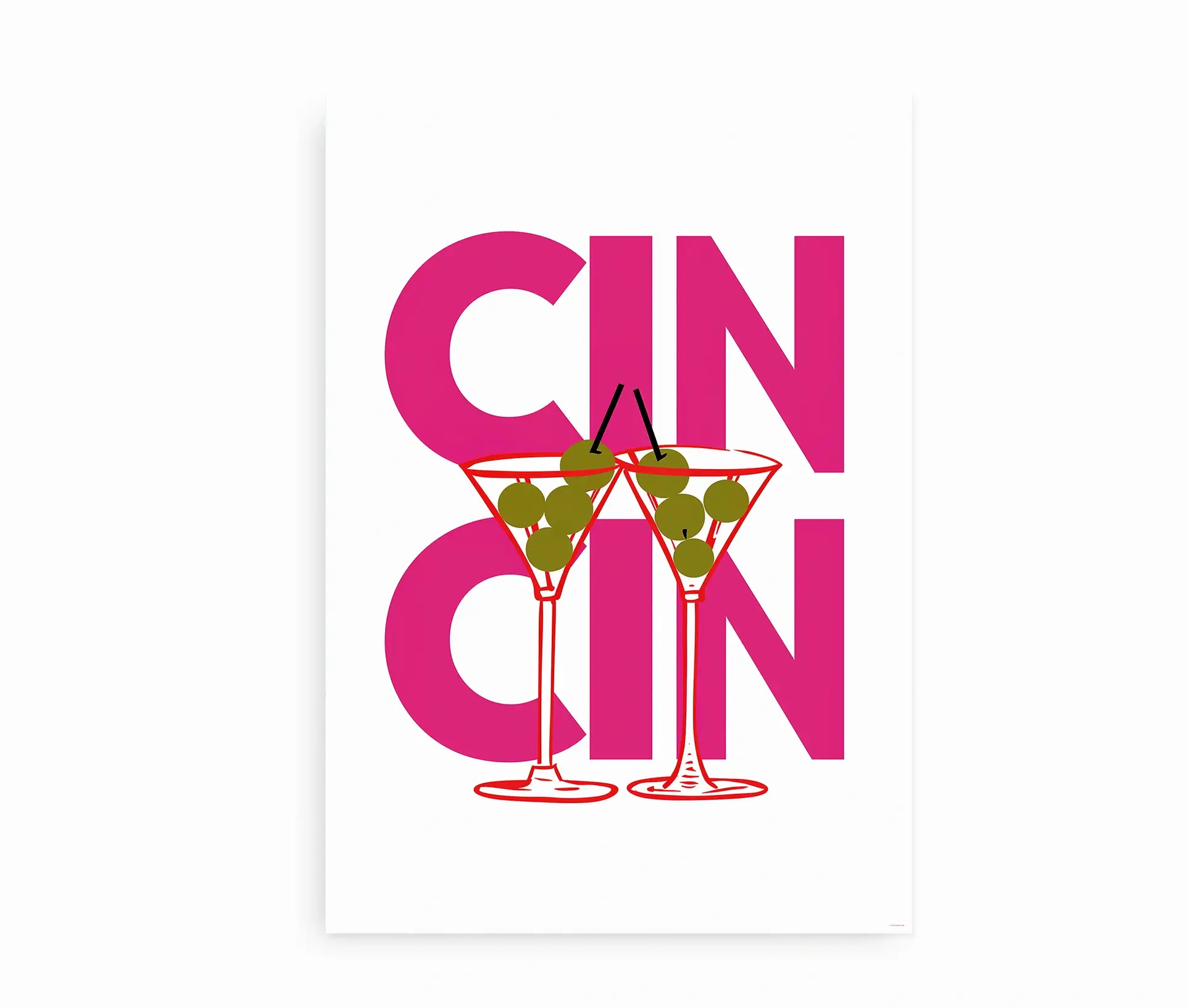 Plakat med teksten "Cin Cin" og to martiniglas fyldt med grønne oliven