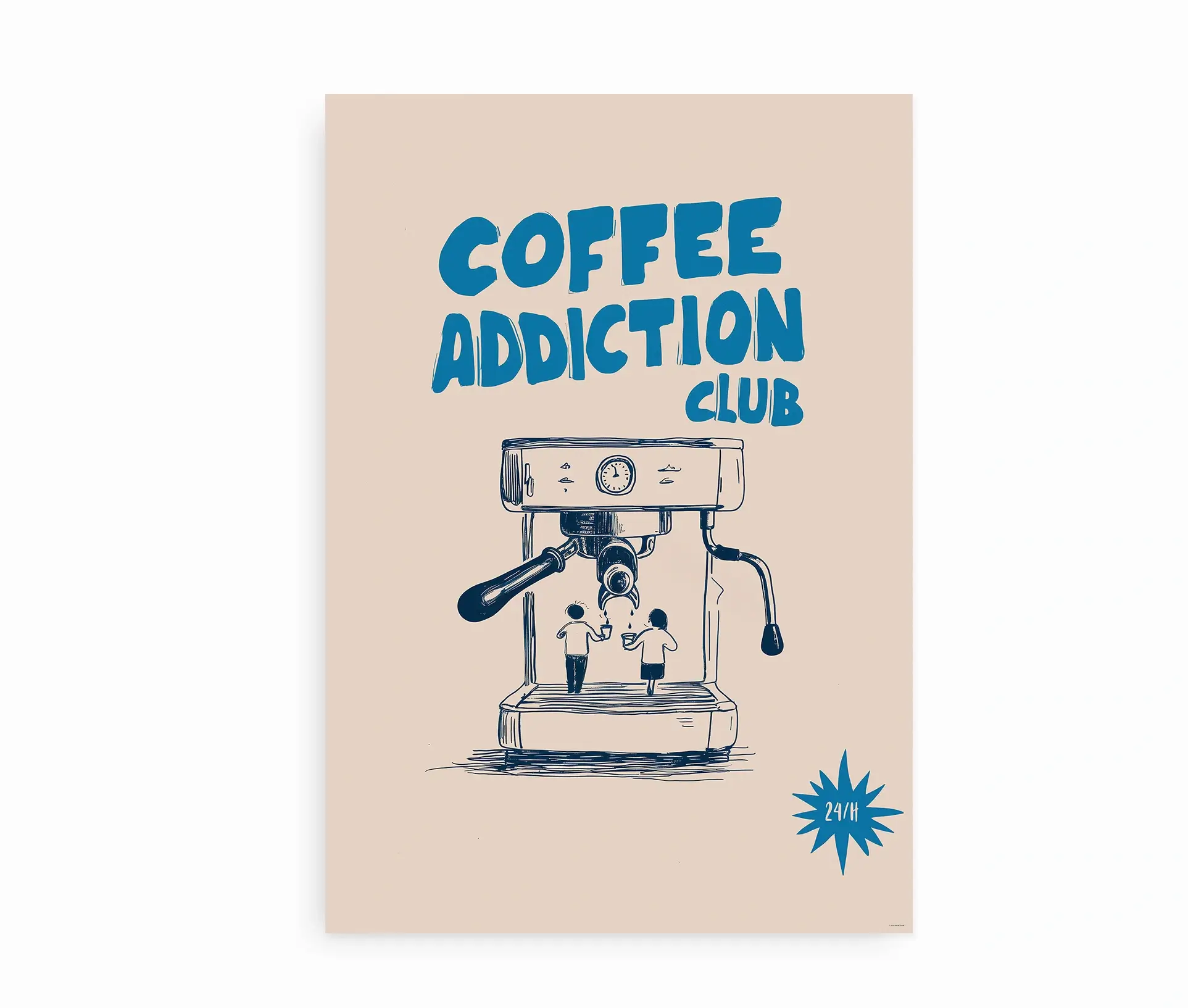 Fritlagt plakat med espressomaskine og teksten Coffee Addiction Club