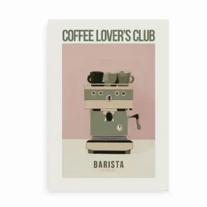 Plakat med espressomaskine og teksten “Coffee Lover’s Club – Barista Edition”.