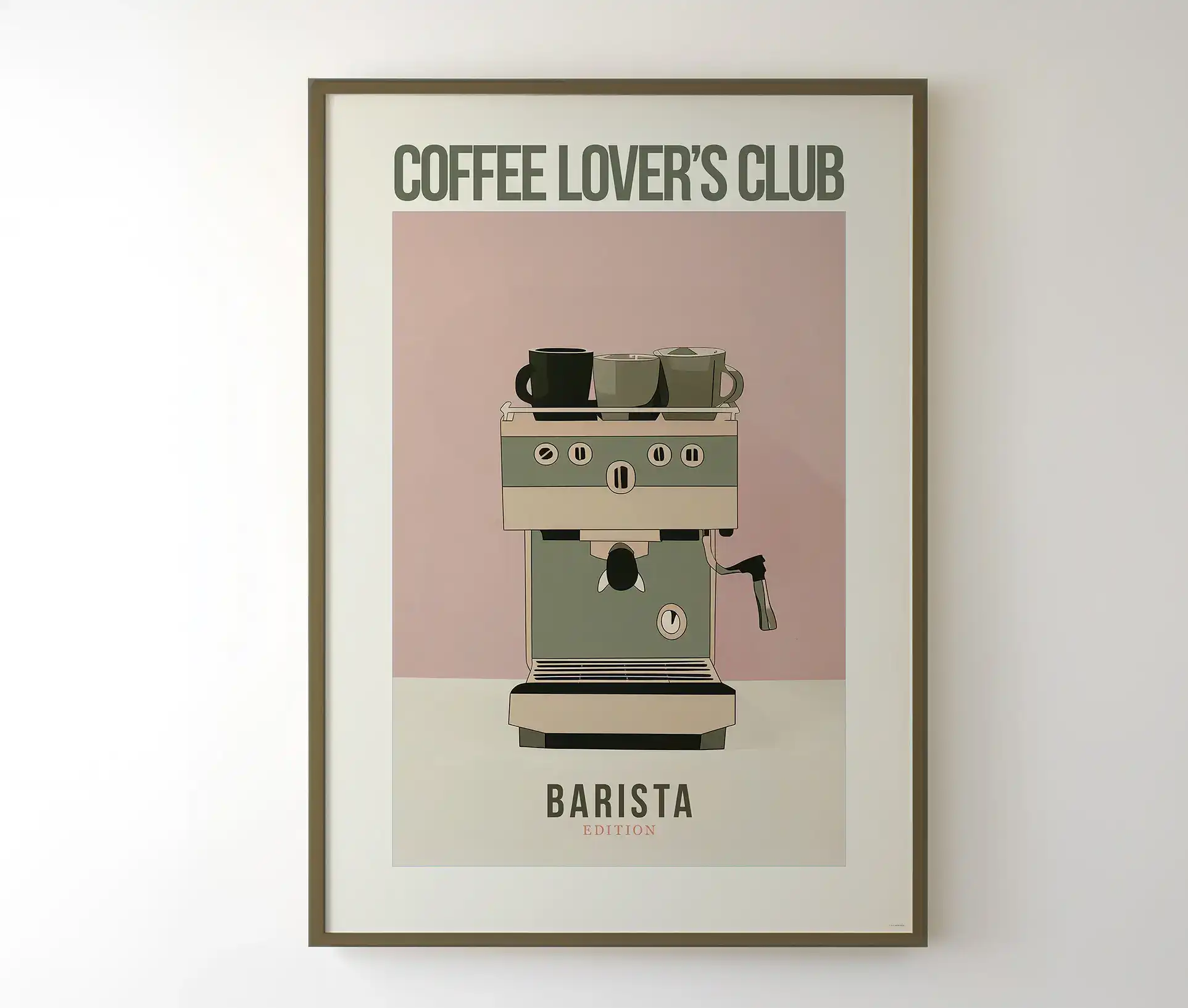 Plakat med espressomaskine i mørk ramme på hvid væg.