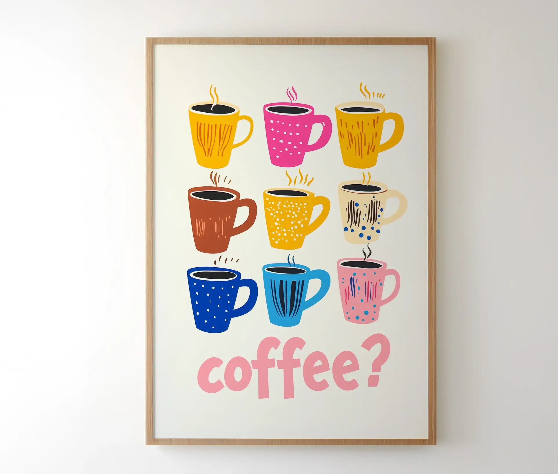 Plakat med kaffekopper og teksten “coffee?” vist i ramme på væg.
