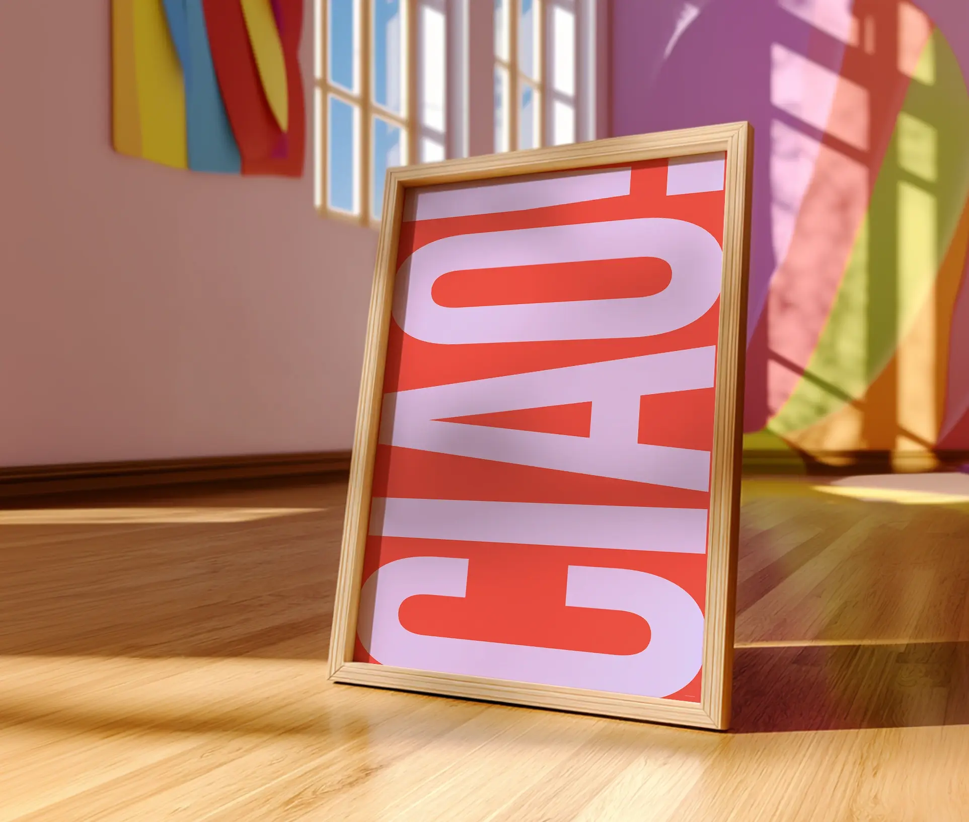Plakat med teksten "CIAO!" i lilla typografi på rød baggrund, stående op ad væg i sollys