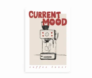 Fritlagt plakat med teksten Current Mood, espressomaskine og figurmotiv