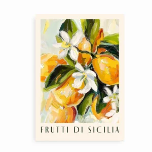 Plakat med appelsiner og blomster samt teksten "Frutti di Sicilia".