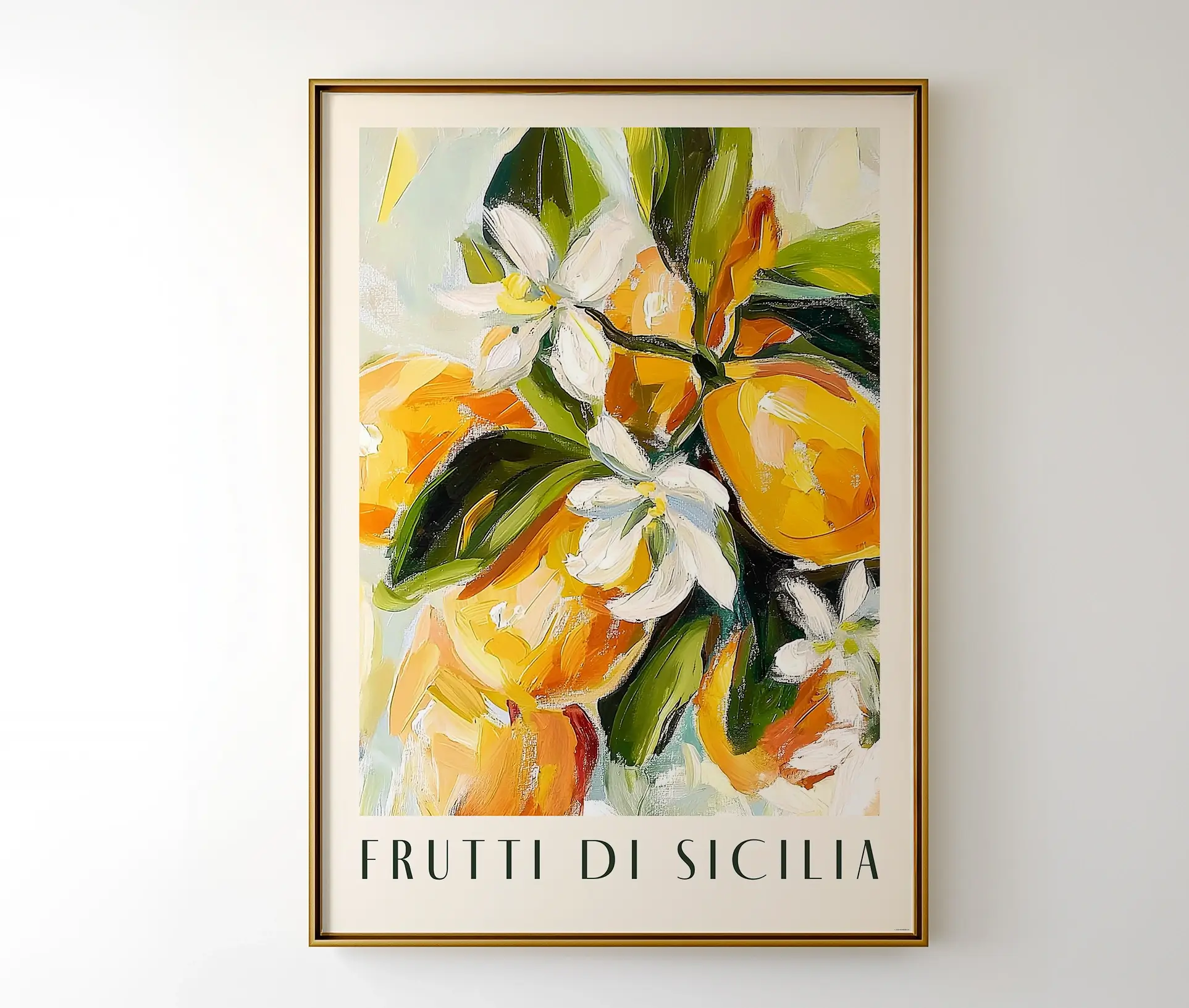 Plakat med citrusfrugter i penselstrøg-look og italiensk tekst i ramme.