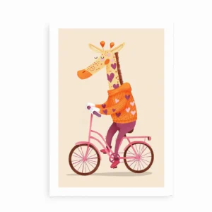 Plakat med giraf i sweater der cykler på en pink cykel.