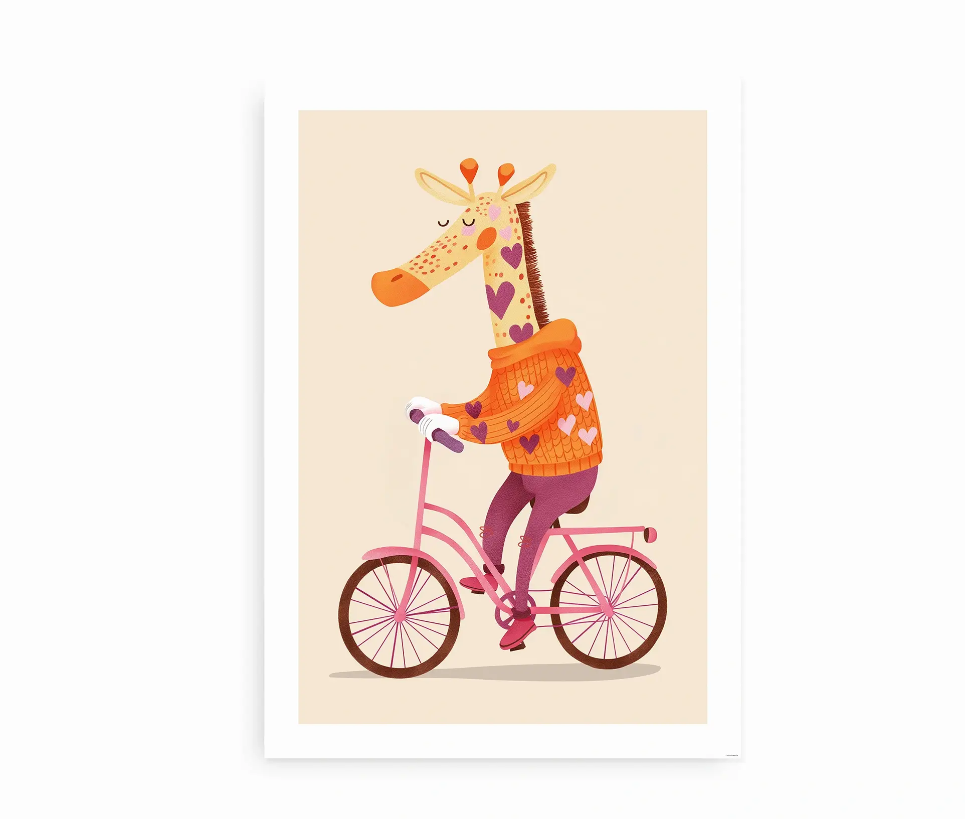 Plakat med giraf i sweater der cykler på en pink cykel.