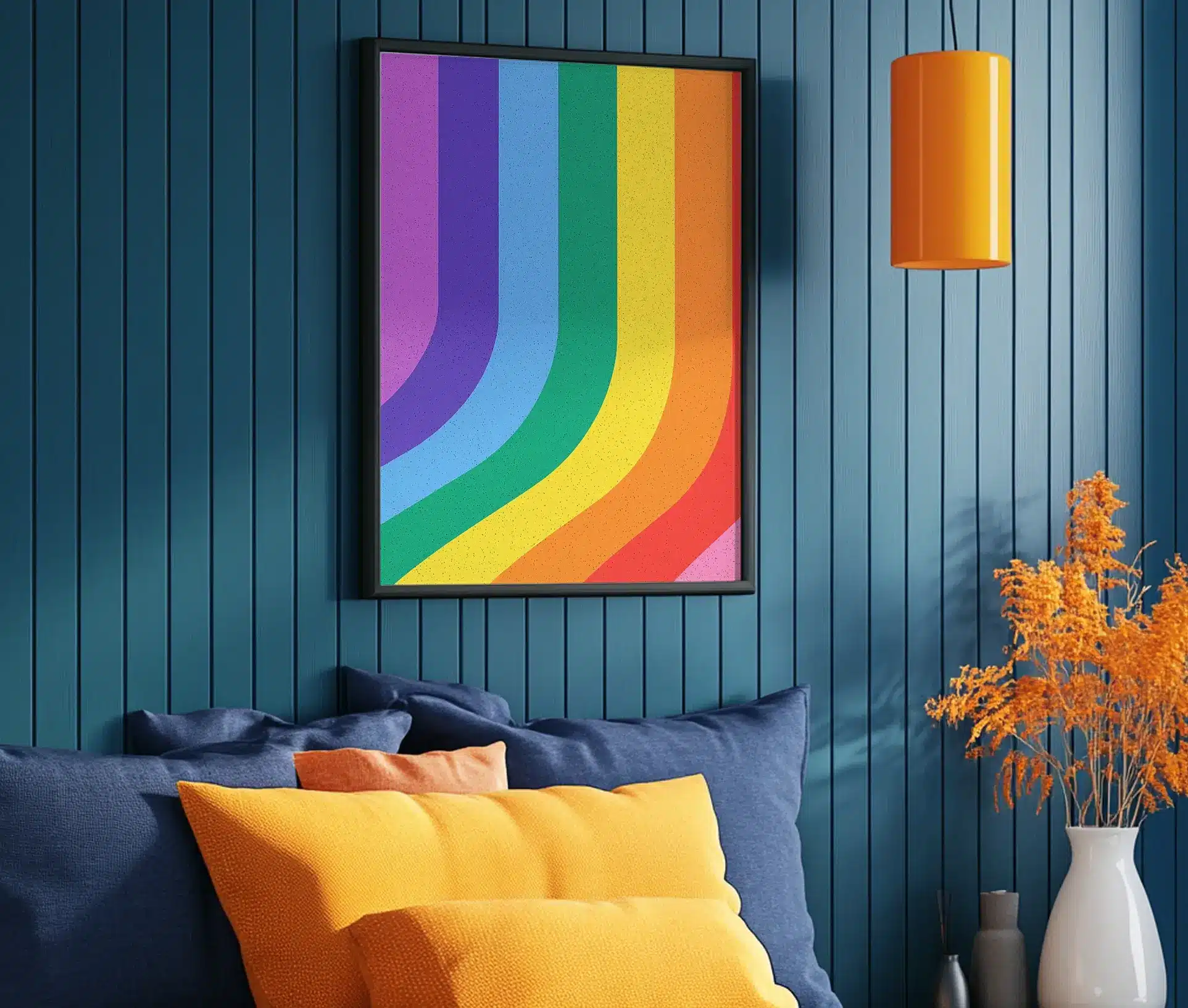Plakat med regnbue i moderne stue med blå væg og farverige puder