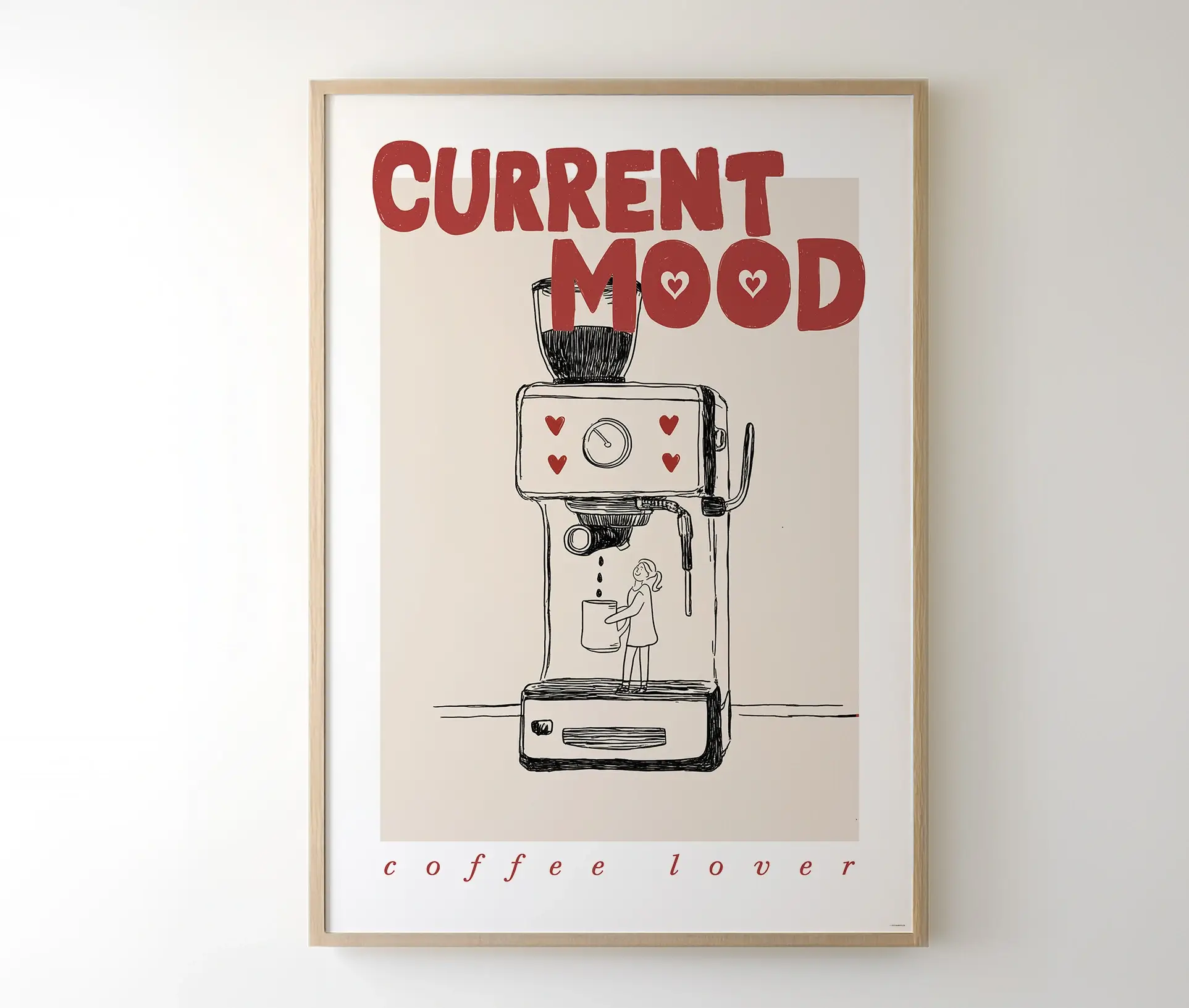Plakat med espressomaskine og teksten Current Mood i træramme