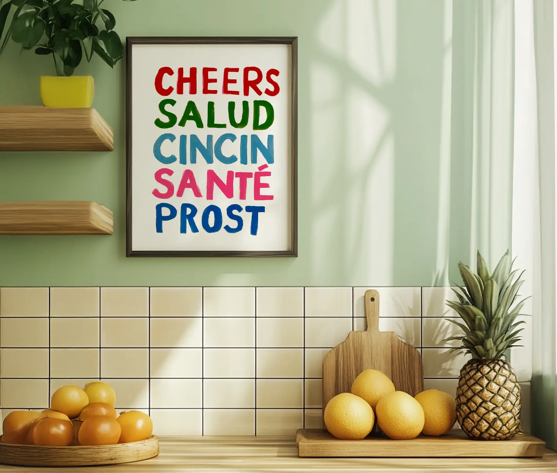 Plakat med teksten "CHEERS SALUD CINCIN SANTÉ PROST" hænger i køkken ved frugt og skærebræt.
