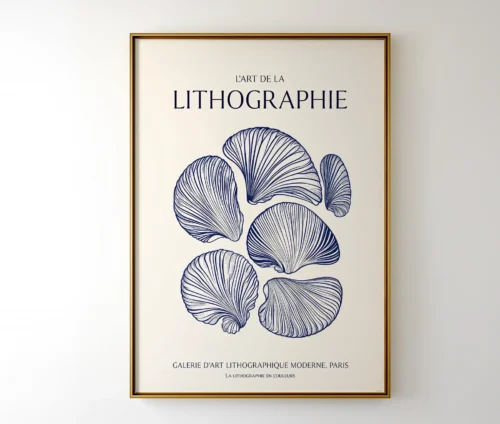 Plakat med blå botanisk motiv og fransk tekst vist i ramme