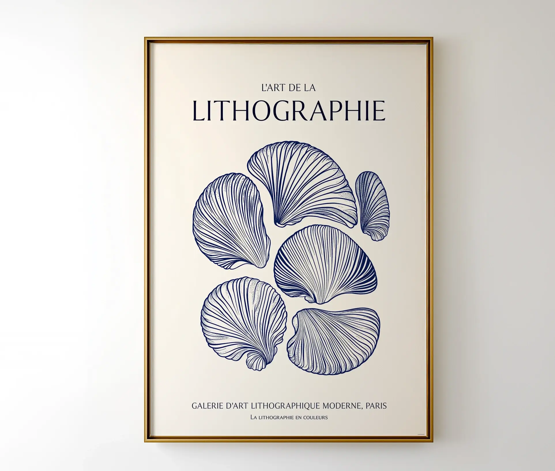 Plakat med blå botanisk motiv og fransk tekst vist i ramme
