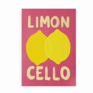 Fritlagt Limoncello plakat med to gule citroner og pink baggrund
