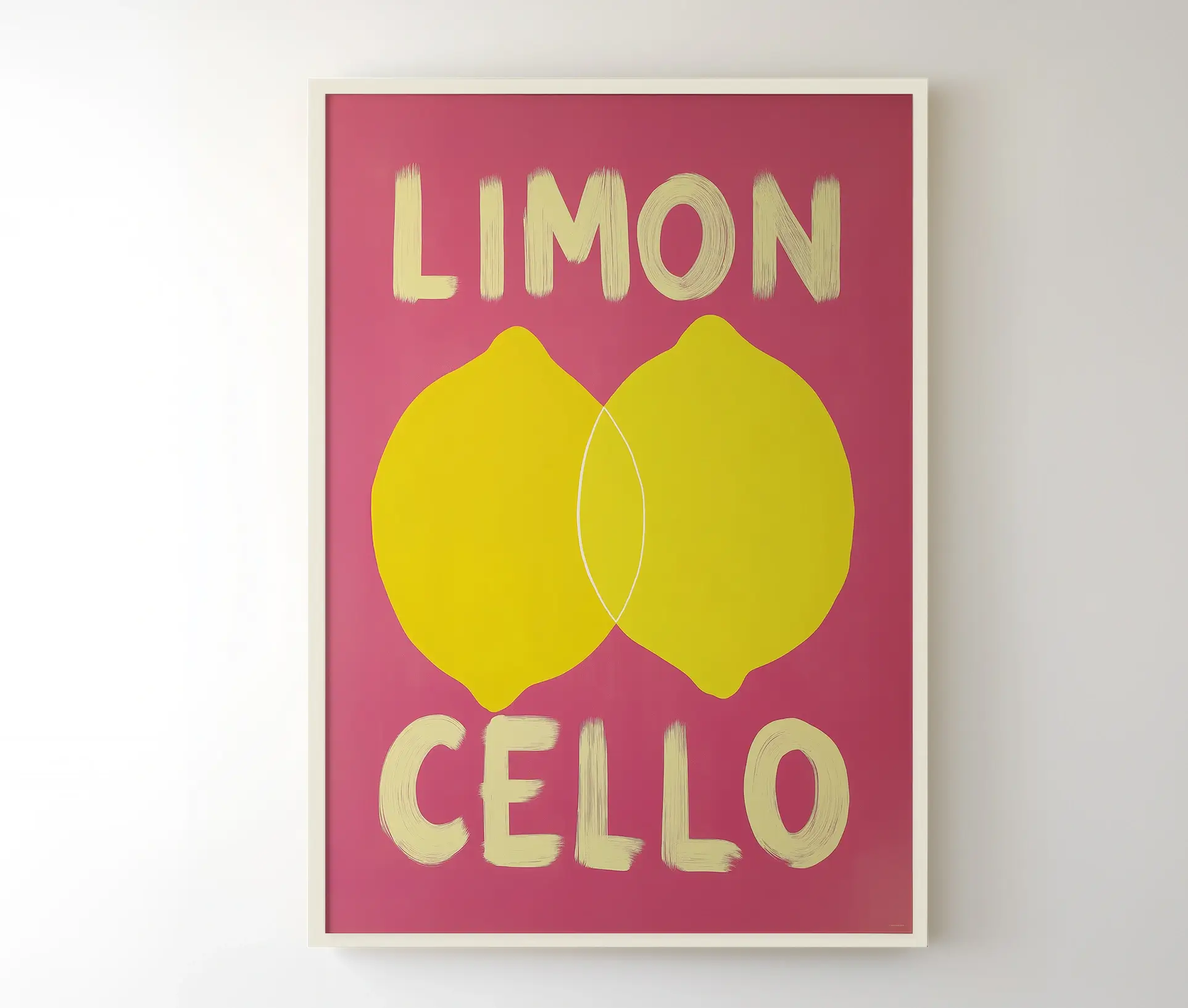 Plakat med to citroner og teksten LIMONCELLO på pink baggrund i hvid ramme