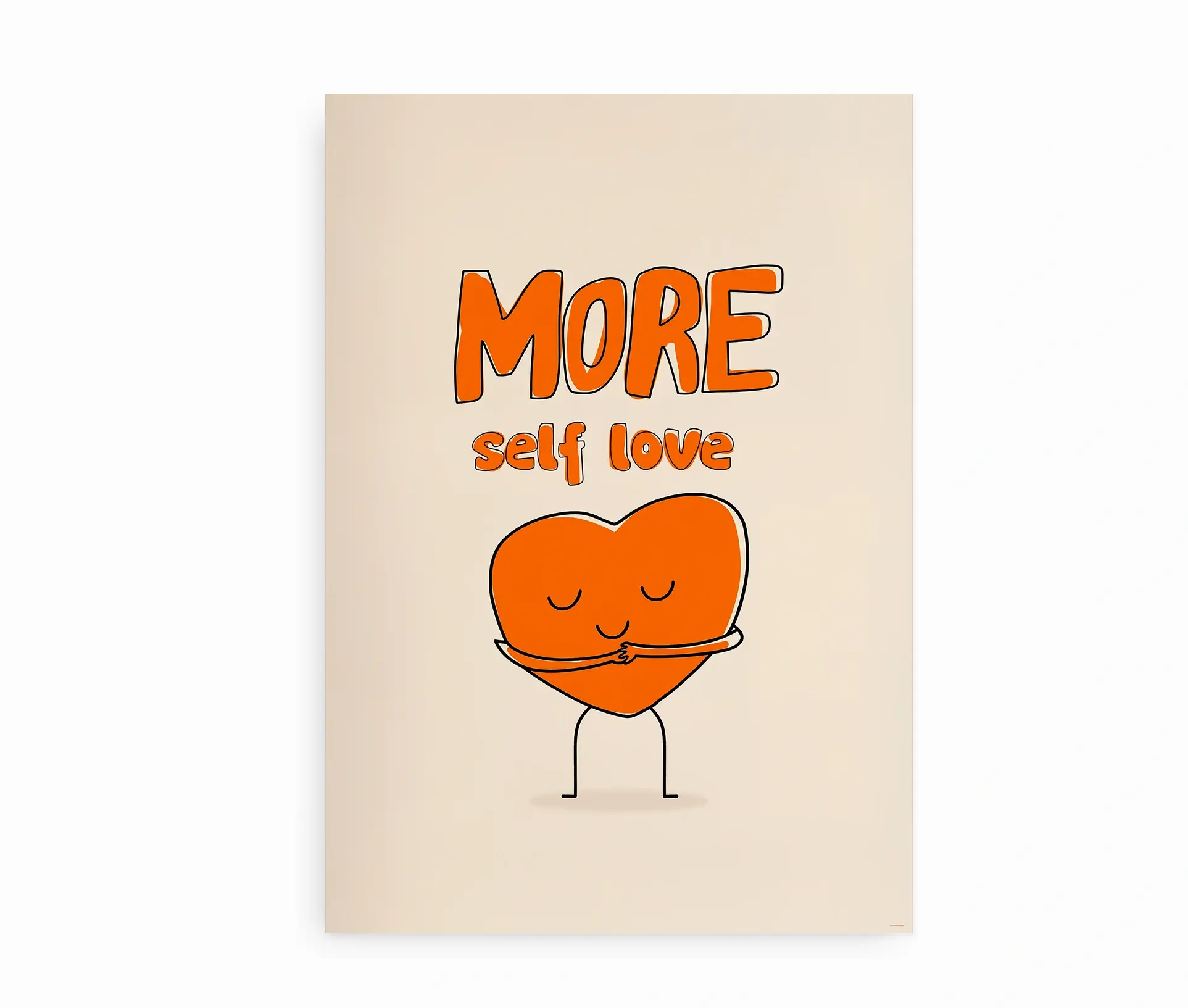 Plakat med tegnet orange hjerte og teksten "More self love" i håndskrevne bogstaver