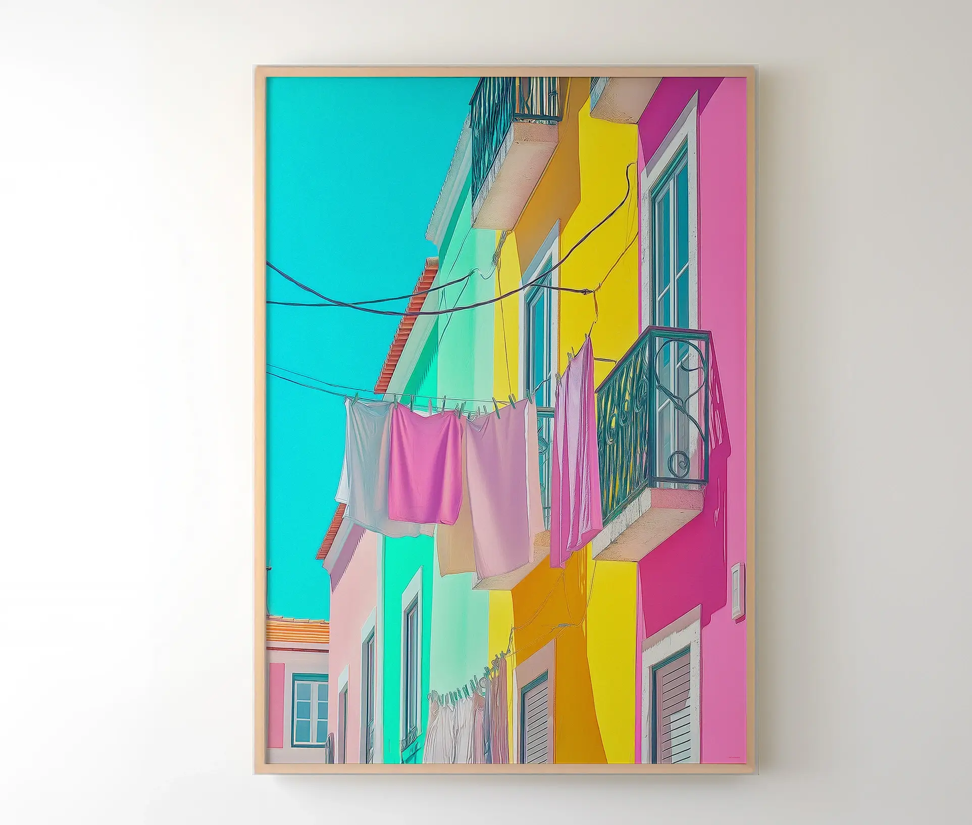 Indrammet "Neon Summer" plakat hængende på væg