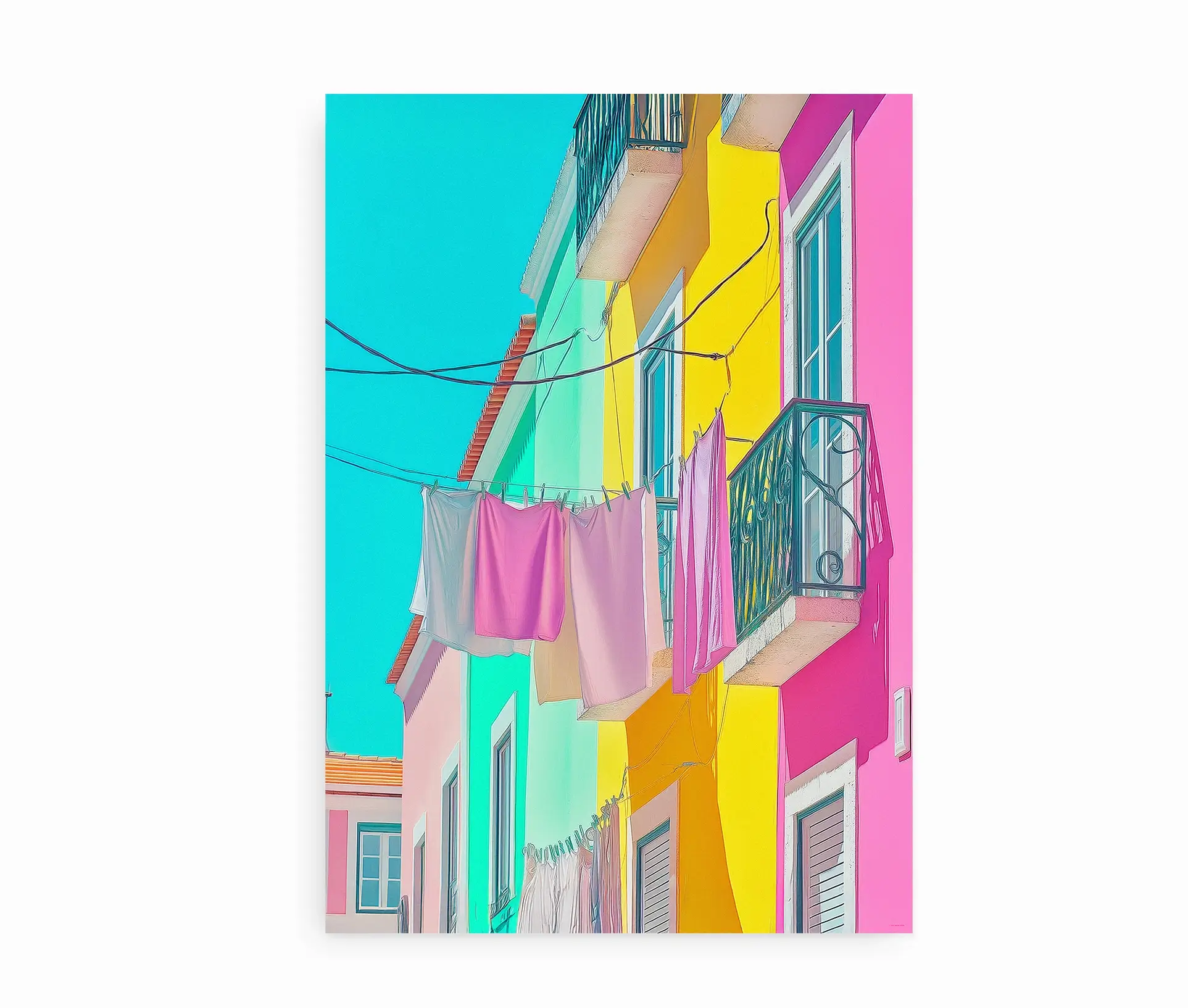 Plakat med farverige bygninger og vasketøj i pasteltoner