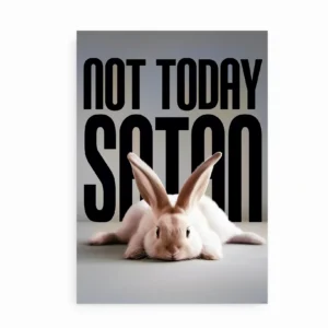 Plakat med hvid kanin og teksten "Not Today Satan" i sort typografi
