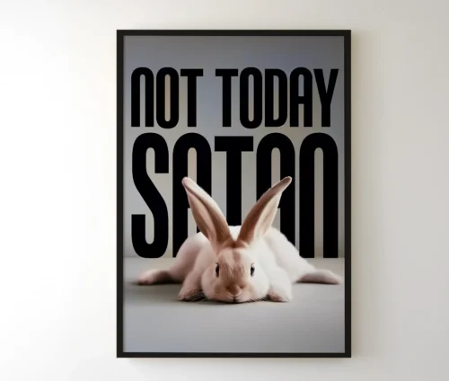 Plakat med hvid kanin og sort tekst i sort ramme