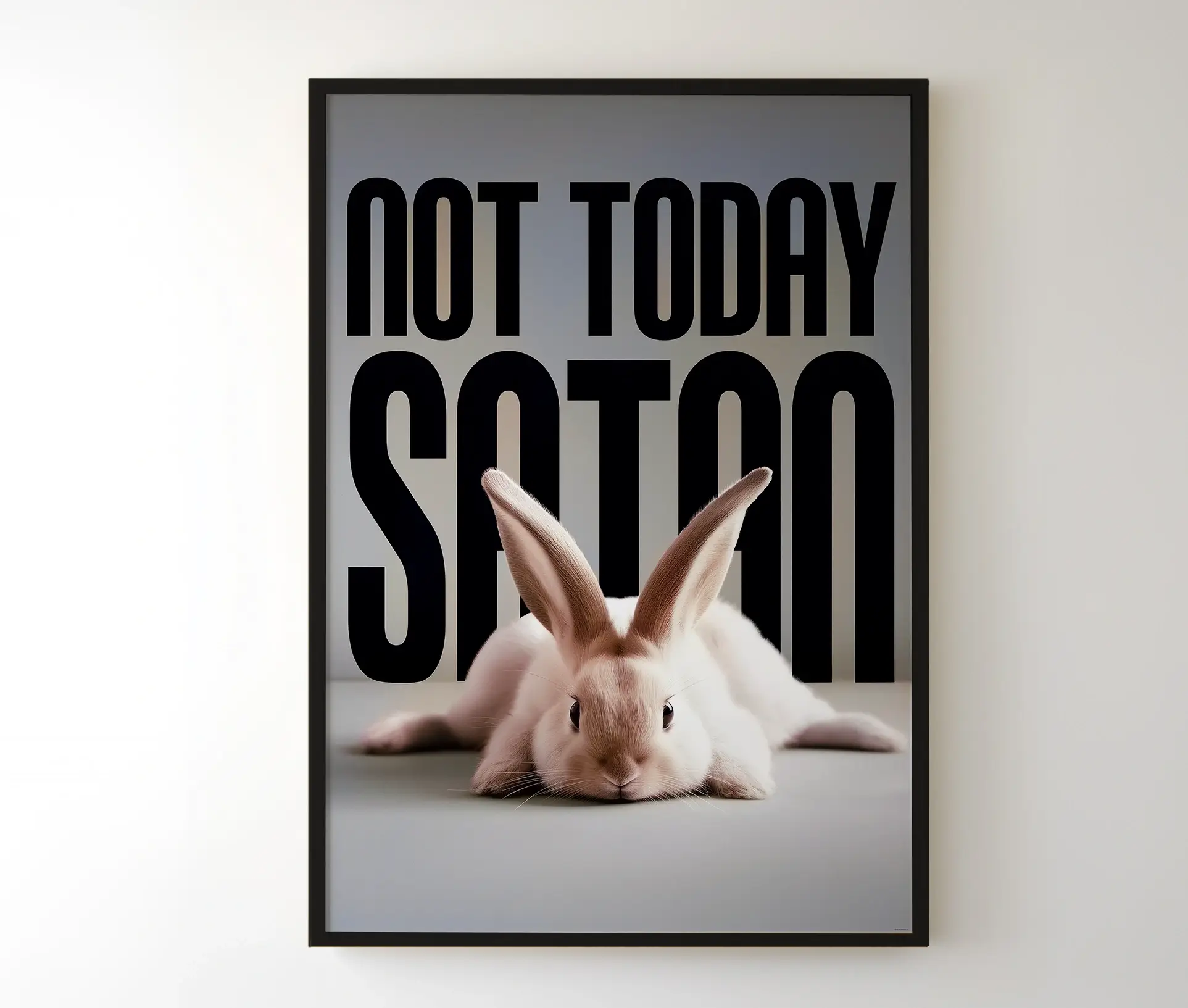 Plakat med hvid kanin og sort tekst i sort ramme